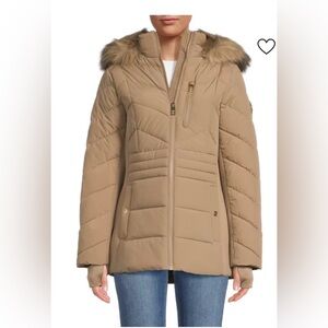 Michael Kors Chevron Quilted Faux Fur-Trim Hooded Puffer Jacket - Taupe